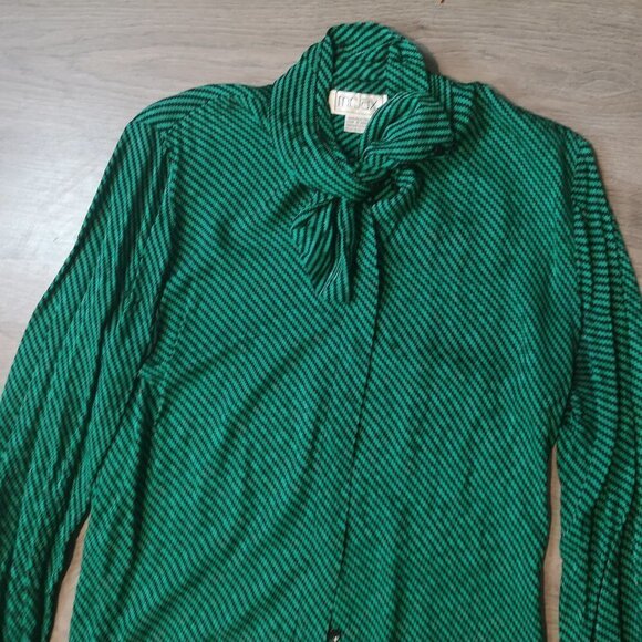 80s Vintage High Neck Bow Graphic Striped Printed Blouse - Picture 2 of 13